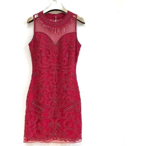 Vintage Embroidery Gauze Beading Sexy Sleeveless O-Neck Red Dark Blue Elegant Summer Party Women Sequined Cocktail Dresses