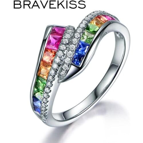 BRAVEKISS Muti Color Cubic Zirconia Solitaire Rings for Women Colorful Bypass Rings Wedding for Bridal Party Jewelry New BUR0524