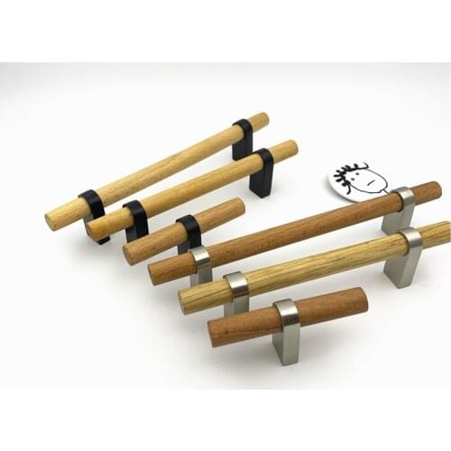 LCH Nordic Style Real Wood Handle Zinc Alloy Drawer Handle Vintage Drawer Knob Wooden Cabinet Handle Matt Silver Matte Black