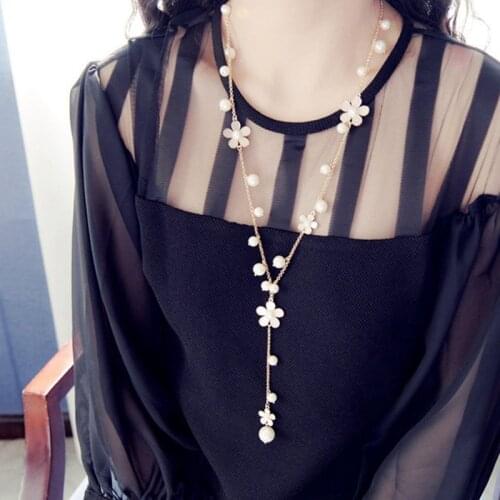 Flower Long Necklace Women Fashion Simulated Pearl Jewelry Tassel Perlas Necklaces & Pendants Bijoux Femme Perle Gift