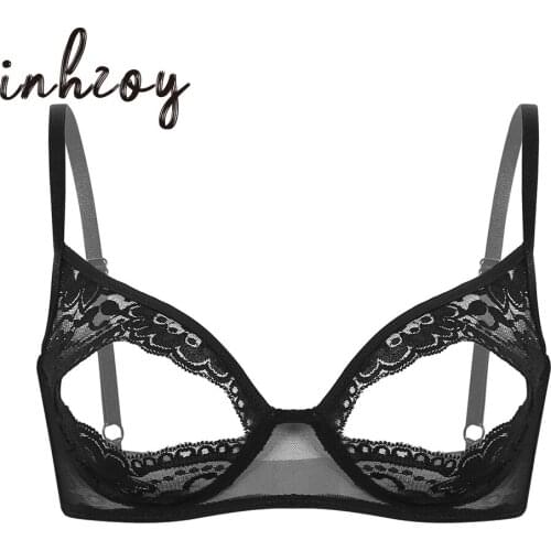 Women Lingerie Soft Sheer Lace Floral Adjustable Spaghetti Straps Nipple Split Bralette Wire-free Unlined Open Cups Sezy Bra Top