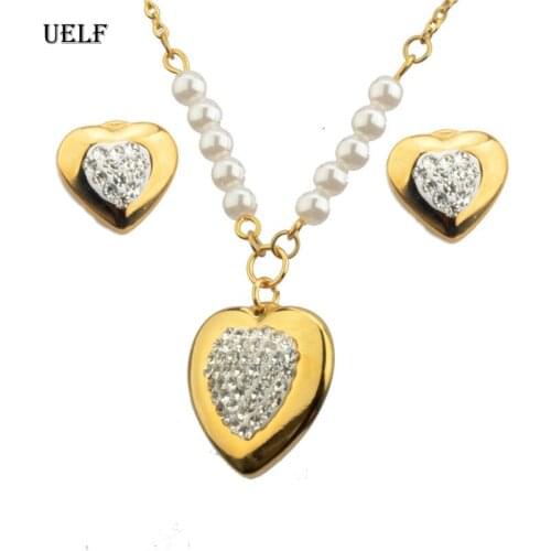 UELF Hot Sell Exquisite Heart Earrings Necklaces Sets for Girls Ladies Austrian Crystal Wedding Stainless Steel Accessories