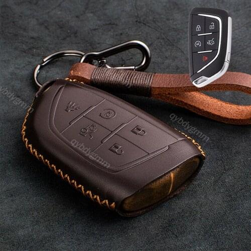 Leather Remote Start Car Key Keychain Ring Fob Cover Case Protector Holder Auto Accessories For Cadillac CT4 CT5 2020 2021