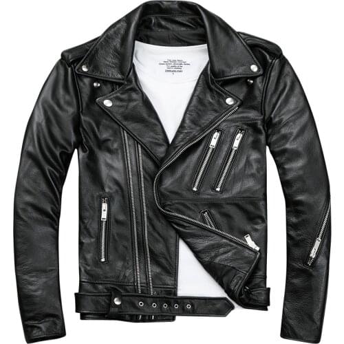 Leather mens head layer, cowhide short slim locomotive mens lapel belt, trendy mens jacket