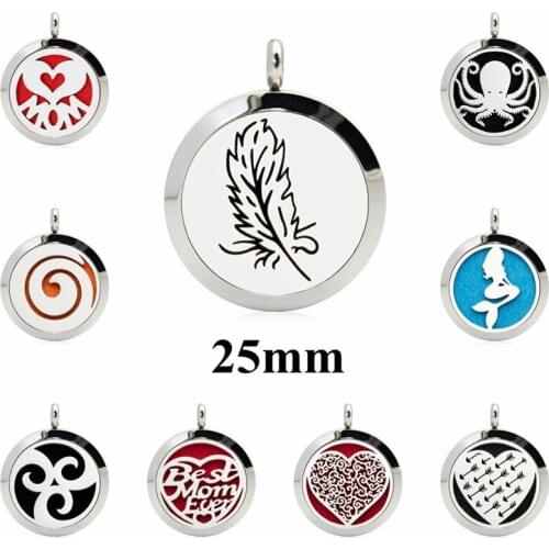 1pc 25mm Feather Heart Aroma Essential Oil Diffuser Locket 316L Stainless Steel Perfume Pendant fit necklace Free 10pads