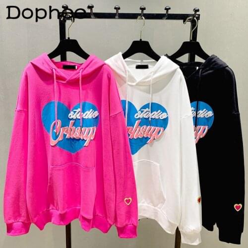 Spring and Autumn New Korean Style Loose Letters Printed Hoodie Women Large Pocket Sweatshirt Coat Pullover Black White Clothing