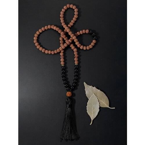 OAIITE Onyx Rudraksha Bead Strand Mala Necklace with Black Tassel Women Men Yoga Meditation Jewelry