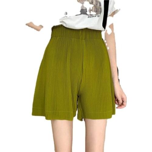 Pleated Crop Womens Shorts Wide Leg Short Trousers Pants Loose Summer High Elastic Waist Casual Clothes Green Blue Orange
