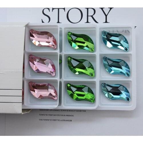 All size All color ab s shape sew on rhinestone leaf glass crystal sewing flatback 2 holes 6*12 10*20 14*30 for dress decoration