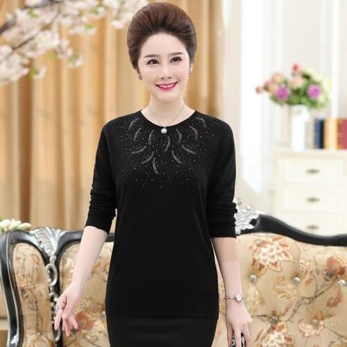 Middle-aged Women Sweaters Pullovers Loose Long-sleeve o-neck Knitted Wool Basic Shirt Diamond Sweater Mother Knitted Tops