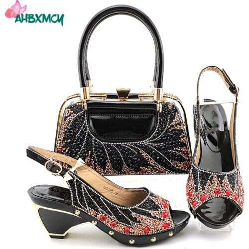 Latest Italian Women Shoes and Bag Set in Black Color Slingbacks Sandals with Shinning Crystal for Wedding Party