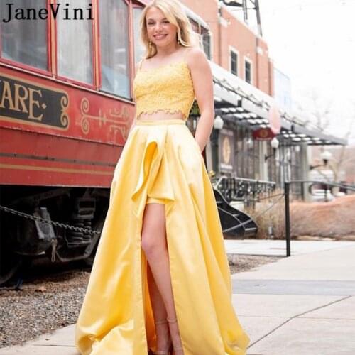 JaneVini Elegant 2 Pieces Yellow vestido Prom Dress with Pockets Front Split Long Lace Satin Special Occasion Dresses Party Gown
