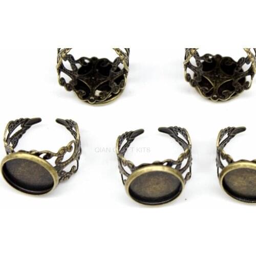 100pcs Adjustable Rings Princess Filigree Ring Bases Antique Bronze Ring With 14mm Bezel Setting Blanks