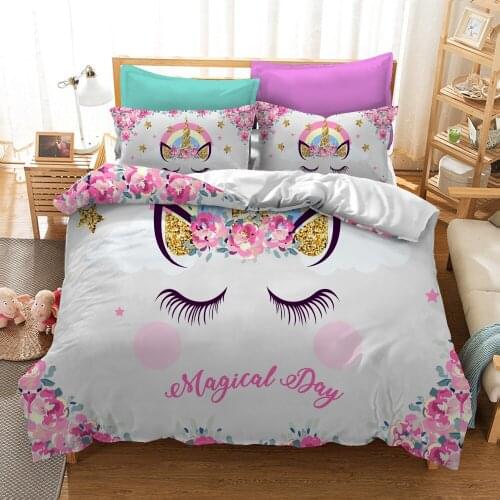 2/3 Pcs 3D Printing Comforter Eyelash Smile Face Unicorn Bedding Set With PillowcaseQueen Size Duvet Cover 100% Microfiber SJ273