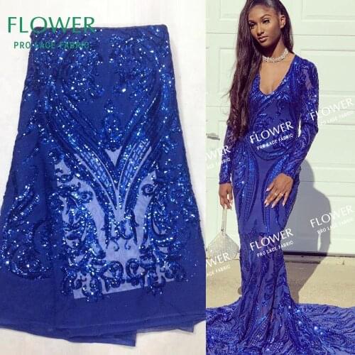 2019 Christmas Lace Material Royal Blue African High Quality Sequins Lace Fabrics