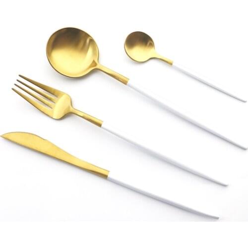 4Pcs/Set White Gold Dinnerware Set 18/10 Stainless Steel Cutlery Set Matte Knife Fork Tea Spoon Tableware Set Kitchen Dinner Set