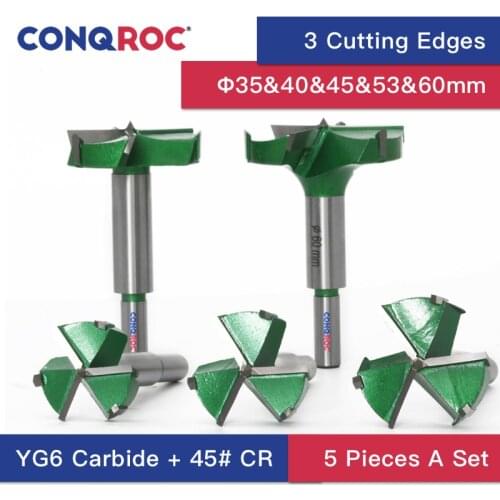 5 Pieces 35~60mm YG6 Carbide Steel Forstner Drill Bits Sets Hinge Open Straight Shank 3 Cutting Edges Wood Hole Saw Cutter