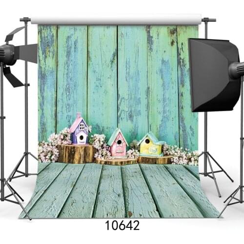 Flowers Small House Green Wooden Floor Vinyl Wall Photography Background For Baby Adult Backdrops Photo Shoot Booth Studio