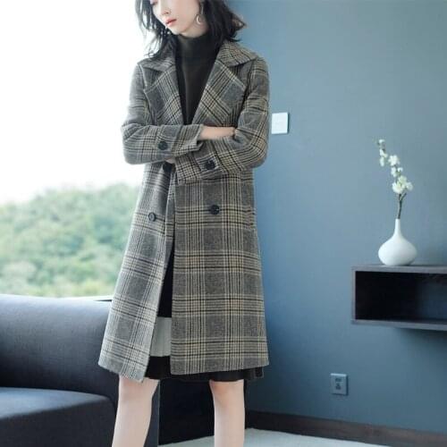 Long woolen blends cashmere coats for women 2019 autumn winter ladies jackets plus size overcoats grey plaid Double sided