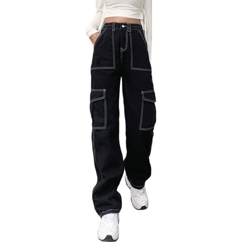 Contrast Stitched 90s Aesthetic Baggy Jeans Women Big Pockets Patchwork Streetwear Cargo Pants Low Waist Denim Trousers