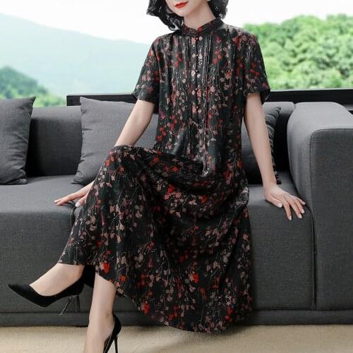 Red Floral Silk Satin Vintage Short Sleeve Midi Dress 2021 Summer Casula Loose 4XL Plus Size Dress Women Elegant Party Vestidos