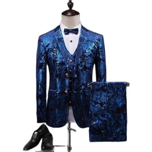 Jacket + Vest + Pants ) Boutique Velveteen Fashion Groom Wedding Dress Stage Performance Clothing Mens Blue Suit 3 Pcs Sets