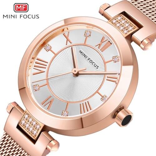 MINI FOCUS Crystal Rose Gold Ultra Thin Steel Mesh Strap Women Watches Luxury Simple Fashion Quartz Clock Waterproof Wrist Watch