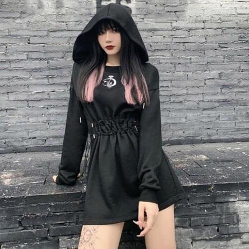Harajuku Fashion Dress Women Gothic Punk Moon Embroidery Long Sleeve Sashes Waist Hooded Dress Casual Street Black Dresses 2020