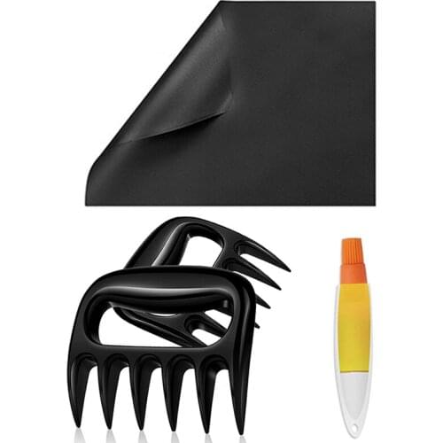 3 Pieces Set Non Stick BBQ Grill Mat Meat Shredder BBQ Fork Silicone Oil Bottle with Brush Barbecue Accessories Kitchen Tool