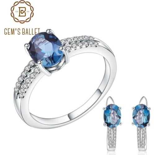 GEMS BALLET Classic Natural London Blue Topaz Earrings Ring Set 925 Sterling Silver Gemstone Jewelry Set For Women Fine Jewelry