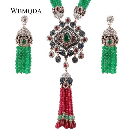 2 Pcs/lot Vintage Natural Stone Indian Jewelry Sets Fashion Crystal Antique Gold Color Statement Necklace Earrings For Women