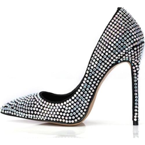 New 2019 Luxury shiny thin high heels pumps rhinestone covered super heel stilettos pointed shallow party wedding shoes woman
