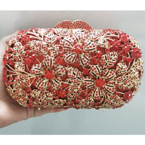 New Gold Metal Red Diamond Wedding Purse Fashion Diamond Evening Clutch Bags Rhinestone Crystal Lady Dinner Floral Handbag