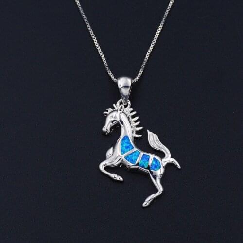 Lovely Blue Fire Opal Pendant Necklace Featuring Galloping Horse