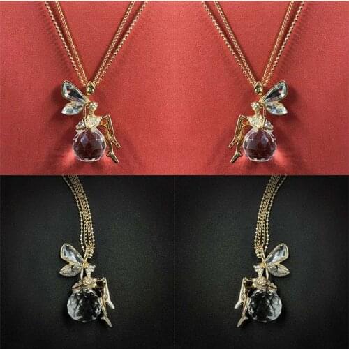 Fashion Women Crystal Shiny Fairy Rhinestones Angel Wings Long Chain Party Pendant Necklace Girls Gift