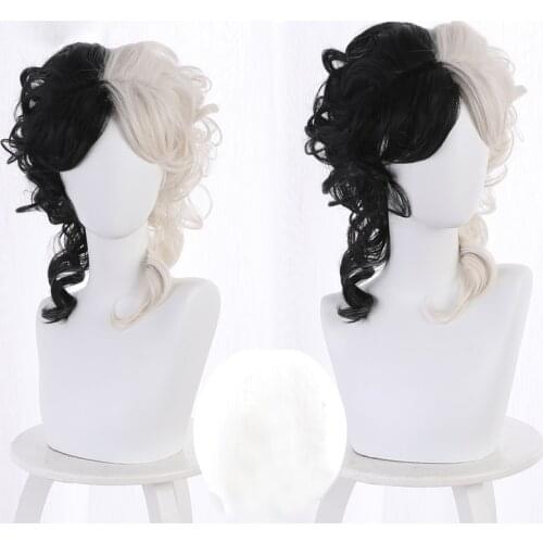 Cruella De Vil Cosplay Wig Kuila Half Black Half A Hundred Small Short Curly Cos Wig Heat Resistant Synthetic Hair Wigs + WigCap