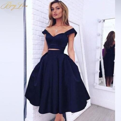 Simple Knee Length Homecoming Dress 2020 Two Pieces Navy Satin Homecoming Gown Prom Dress Graduation Dress vestido de formatura