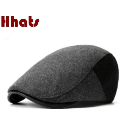 Thick warm wool winter beret adjustable patchwork solid color male peaked cap old men flat hat caps