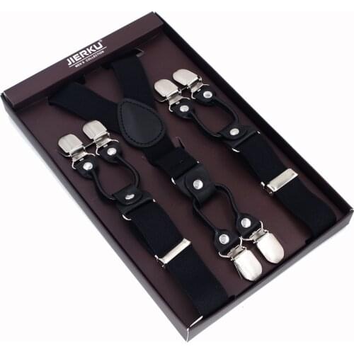New Suspenders Black leather 6 Clips Braces Male Vintage Casual Suspensorio Trousers Strap Father/Husbands Gift 2.5*120cm