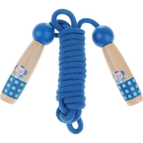 Adjustable skipping rope with blue wooden handle and storage box outdoor