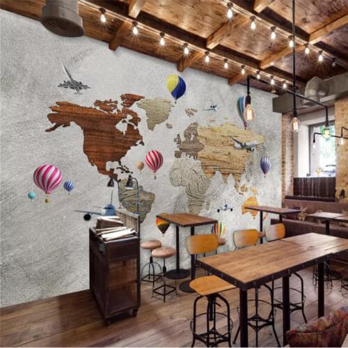 Retro Airplanes Balloons World Map Gray Cement Wall Background Mural Wallpapers Restaurant Cafe Industrial Decor Wall Paper 3D