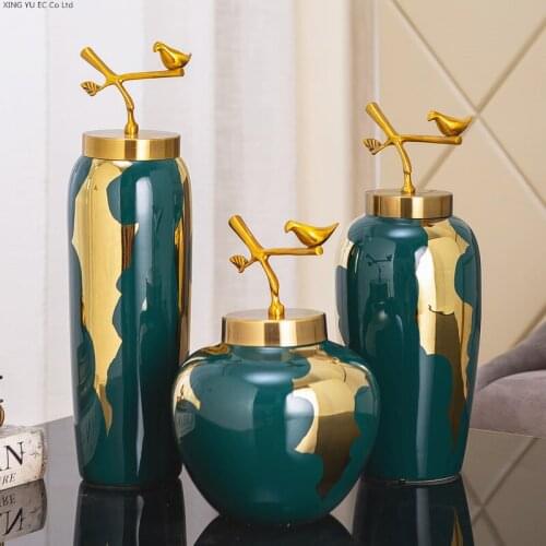 Luxurious Gilded Vase Flower Pot Dark Green Ceramic Decoration Crafts Modern Living Room Flower Arrangement Table Top Decoration