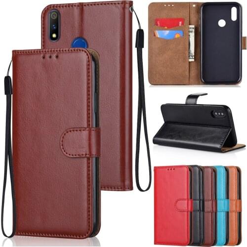 Luxury Pu Leather Case for Realme 3 3i Funda Cards Wallet Stand Holder Book Style Phone Cover with Strap