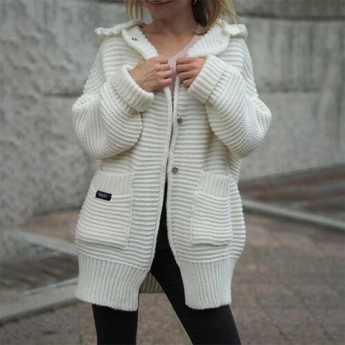 Autumn Winter Women Sweater Cardigans 2021 Hooded Solid Single Breasted Buttons Pockets Casual Women Knit Sweater Coat