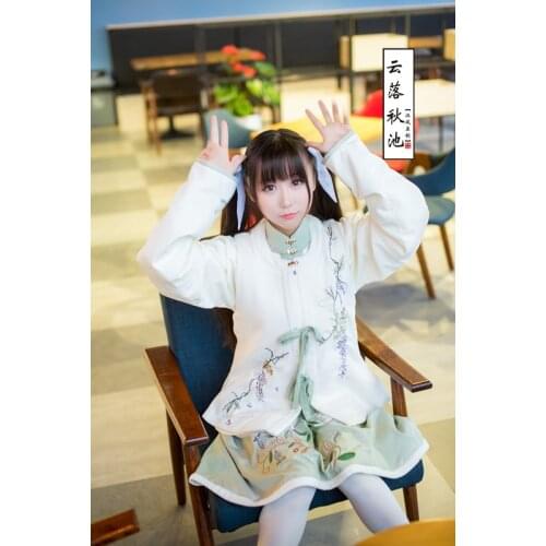 Flower Embroidery Cute Women Winter Chinese Style Hanfu Vintage 3PCS Set: Cashmere Lining Vest + Long Sleeve Shirt + Skirt Warm