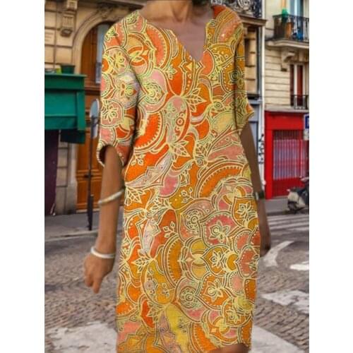 Women Casual V Neck Print Dress Colorful Frock Ladies Casual One Piece Dress V Neck Floral Clothing Street Loose Wear