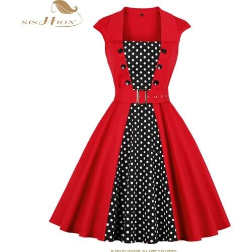 SISHION 50s 60s Cotton Vintage Dress VD1081 Sleeveless Women Polka Dots Rockabilly Swing Audrey Hepburn 1960s Party Red Dress
