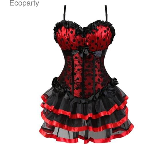 15 Burlesque Dresses Bustier Skirt Tutu Set Lace Up Gothic Victorian Corset with Straps Lolita Vintage Coaplay Costume Red