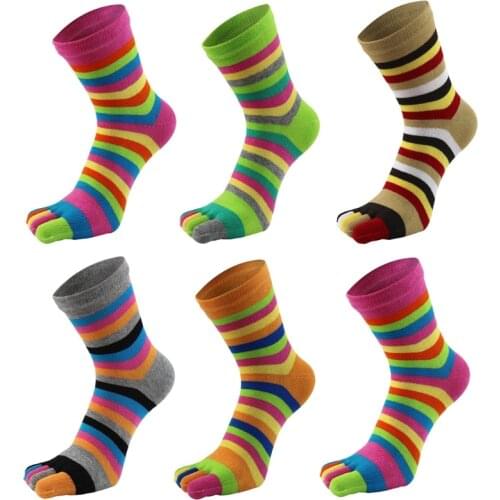 6 Pairs Women Cotton Five Finger Ankle Socks Rainbow Colorful Striped Breathable Toe Separated Mid Tube Hosiery Gifts