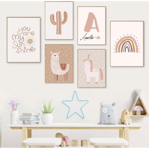 Alpaca Unicorn Poster Custom Name Canvas Painting Nursery Art Print Cactus Rainbow Wall Art Posters Boho Picture Baby Room Decor